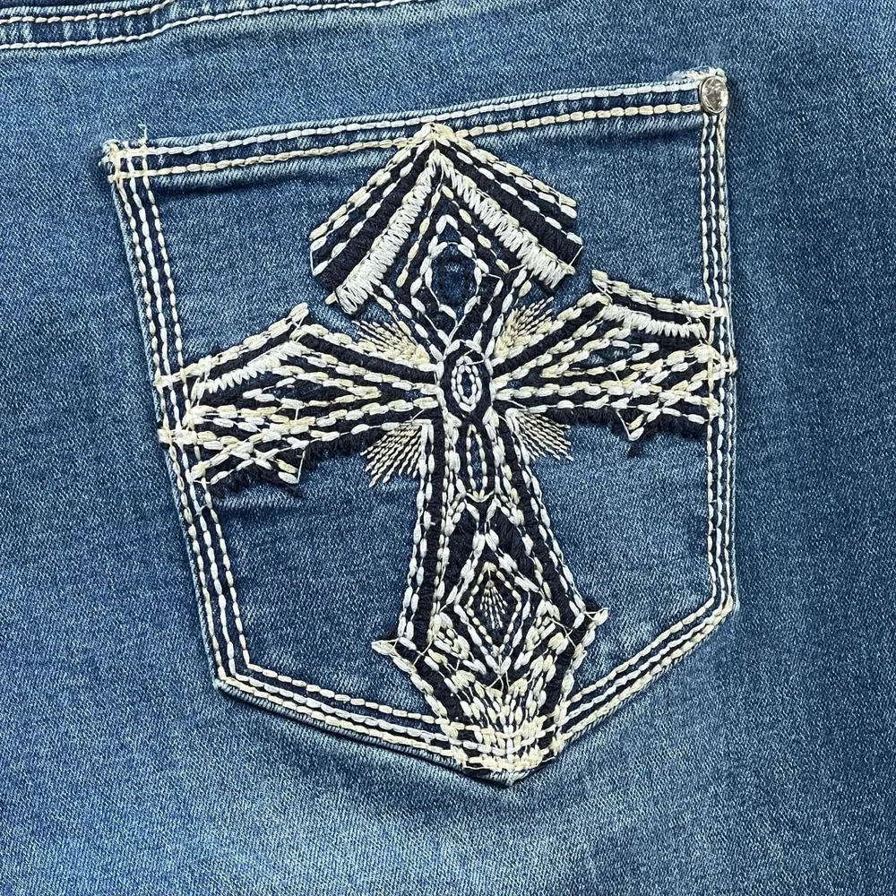 Elite Bootcut Denim Jeans Womens 19/20 Blue Distressed Stretch‎ Pant Embroidered